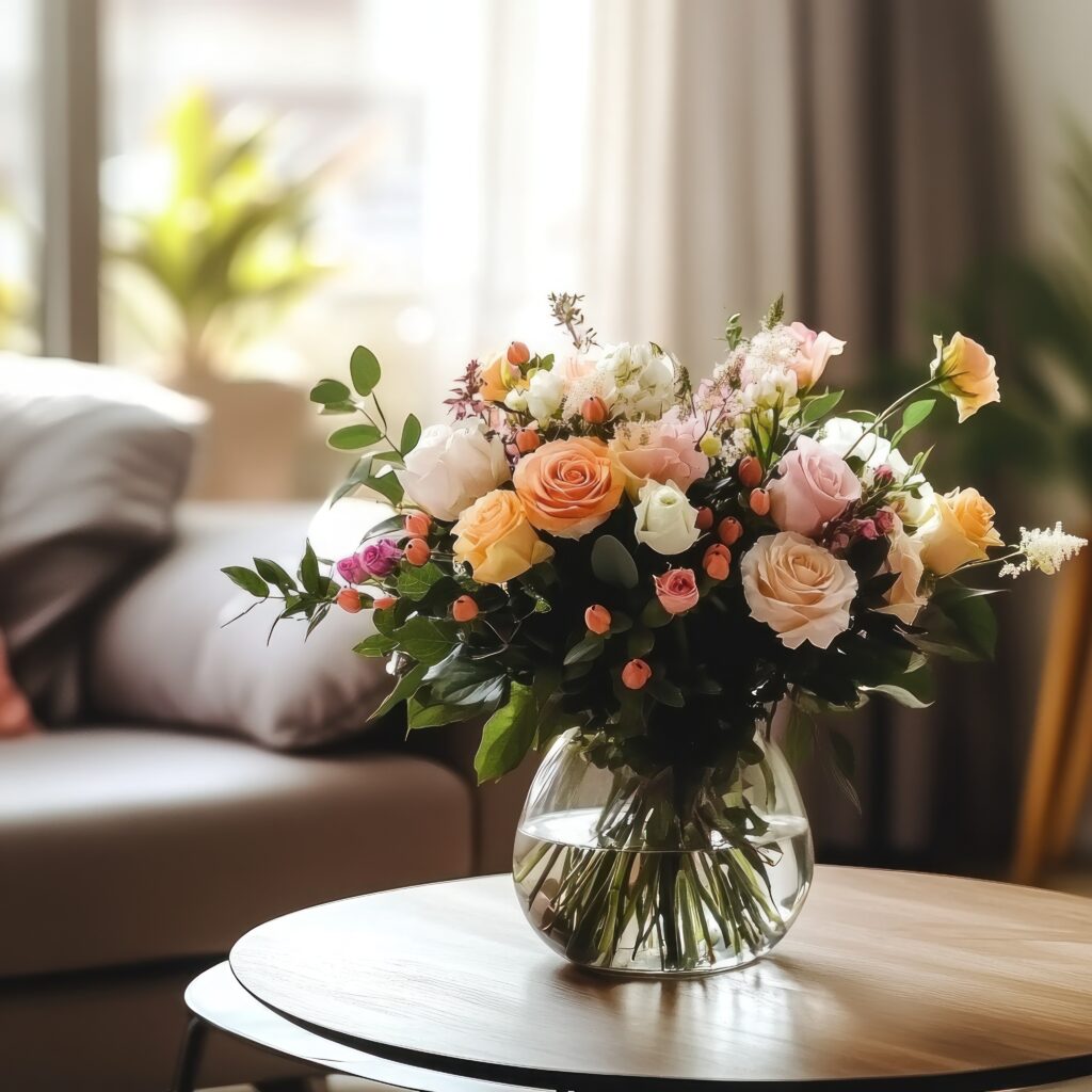 Pastel roses bouquet in glass vase on coffee table, living room background