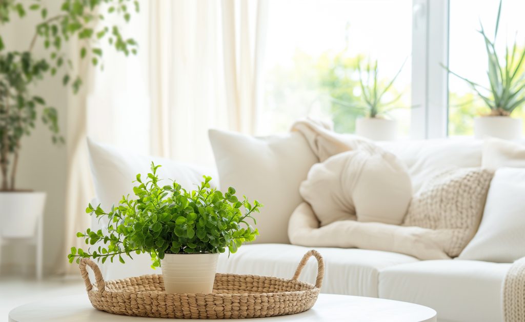 Cozy minimalist living room with a potted plant on a table.