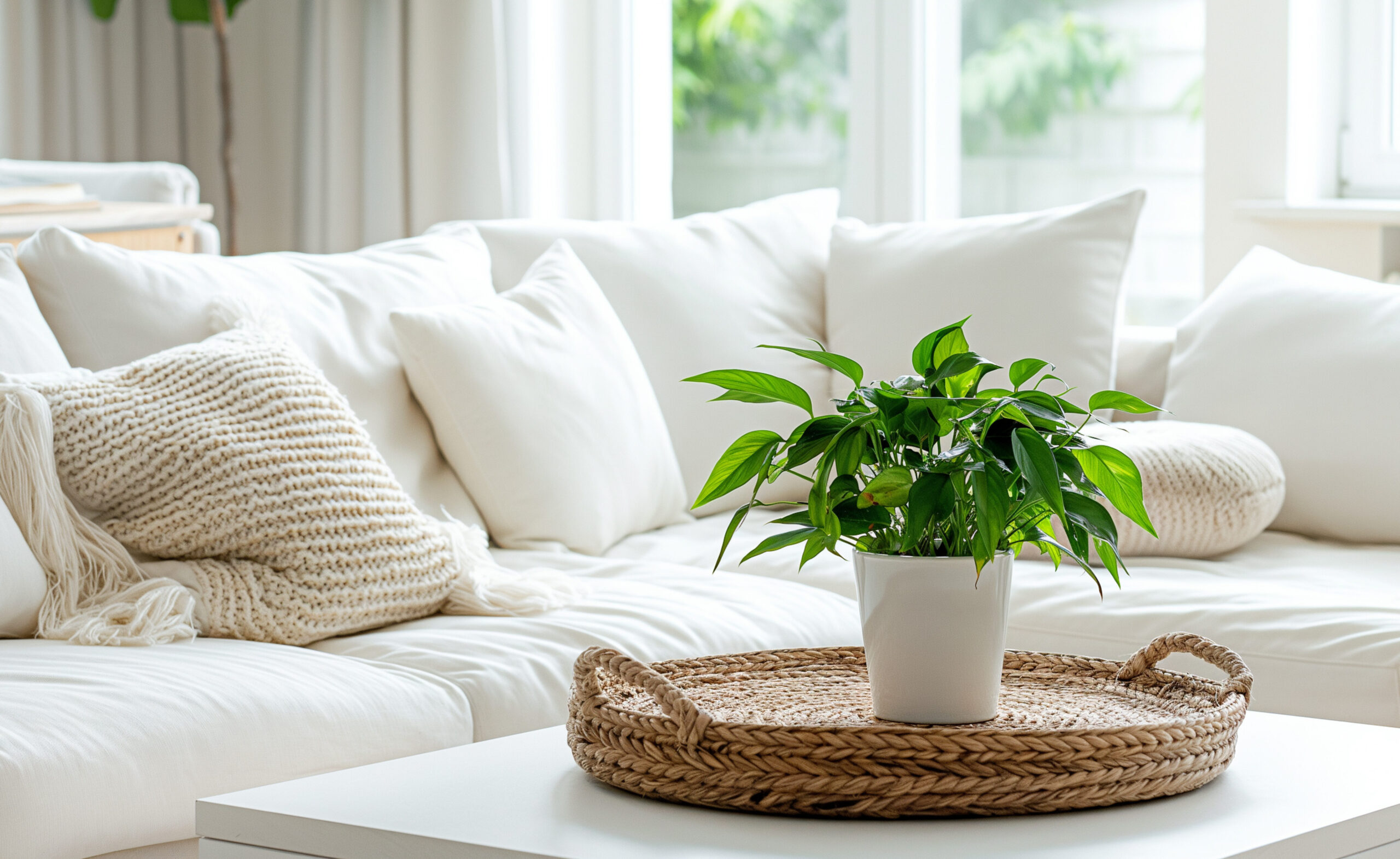 Cozy minimalist living room with a potted plant on a table.