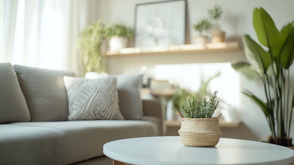 Vertical shot of cozy living room with couch coffee table and white shelf with home decor on wall Elegant interior design in apartment Copy space : Generative AI